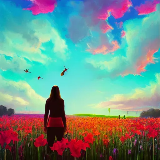 Image similar to giant gladiola flower as head, full body girl standing in a flower field, surreal photography, sunrise, dramatic light, impressionist painting, colorful clouds, digital painting, artstation, simon stalenhag