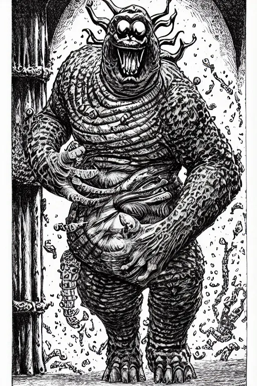 Image similar to slimer as a d & d monster, full body, pen - and - ink illustration, etching, by russ nicholson, david a trampier, larry elmore, 1 9 8 1, hq scan, intricate details, inside stylized border