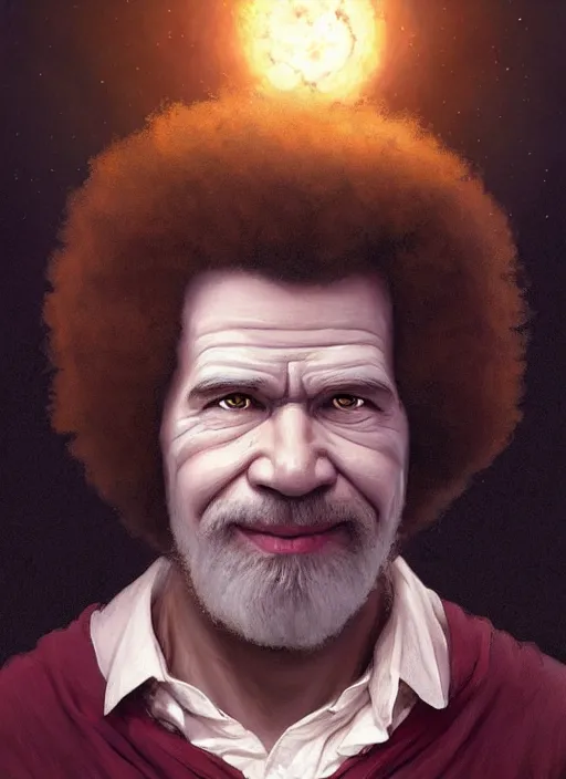 Image similar to Portrait of Bob Ross, white glowing eyes, maroon coloured afro, male, fantasy, extremely detailed, digital painting, artstation, concept art, smooth, sharp focus, illustration, stunning lighting, art by artgerm and greg rutkowski and alphonse mucha and simon stalenhag, realistic character concept, high fantasy, light atmosphere, golden ratio, cinematic lighting, hyperdetailed, high resolution, insanely detailed and intricate, artstation, Marc Simonetti, Greg Rutkowski, 8k