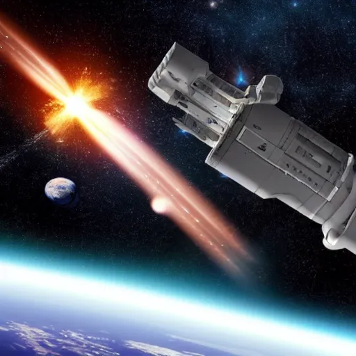 Image similar to spaceship guns shooting multiple tracers in space near earth, realistic photo from nasa