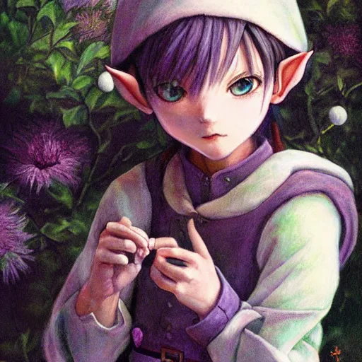 Prompt: little elf tomboy, purple tunic, soft hair. light color palate, detailed soft painting, ayami kojima, made in abyss, anatomically correct, inspired in balthus