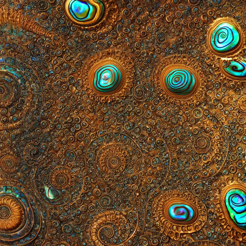 Prompt: bubbles in cresting oil slick waves, ammonites, abalone, ornate art nouveau patina copper ornament, rococo, organic rippling spirals, photorealistic octane render, glass art forms from nature by ernst haeckel