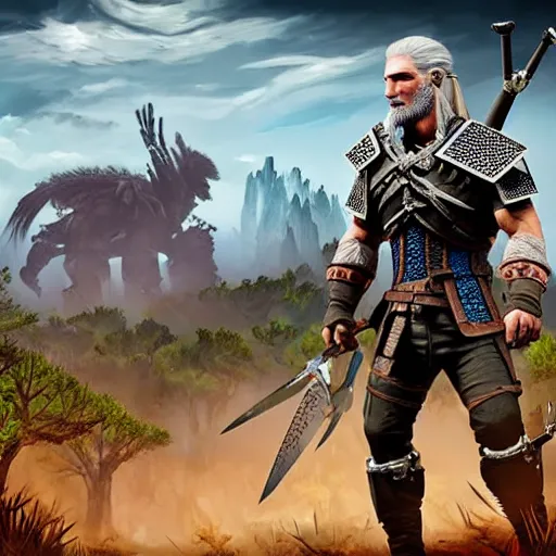 Image similar to Geralt fighting a Thunderjaw machine from Horizon Zero Dawn in the style of an oil painting