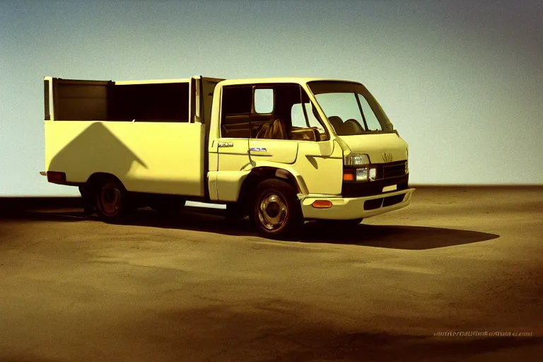 Prompt: studio photograph of a single 1 9 9 8 honda kei truck, ektachrome photograph, volumetric lighting