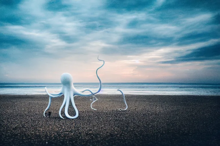 Image similar to photography of a gigantic white octopus walking at the shore of the beach, outside the water, national geographic, evening, award winner, nature