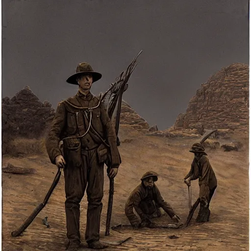 Image similar to ultra detailed photorealistic sepia - toned painting from 1 9 1 7, a british officer in field fear standing at an archaeological dig site in wadi rum, ultra realistic, painted, intricate details, lovecraft, atmospheric, dark, horror, brooding, highly detailed, by angus mcbride