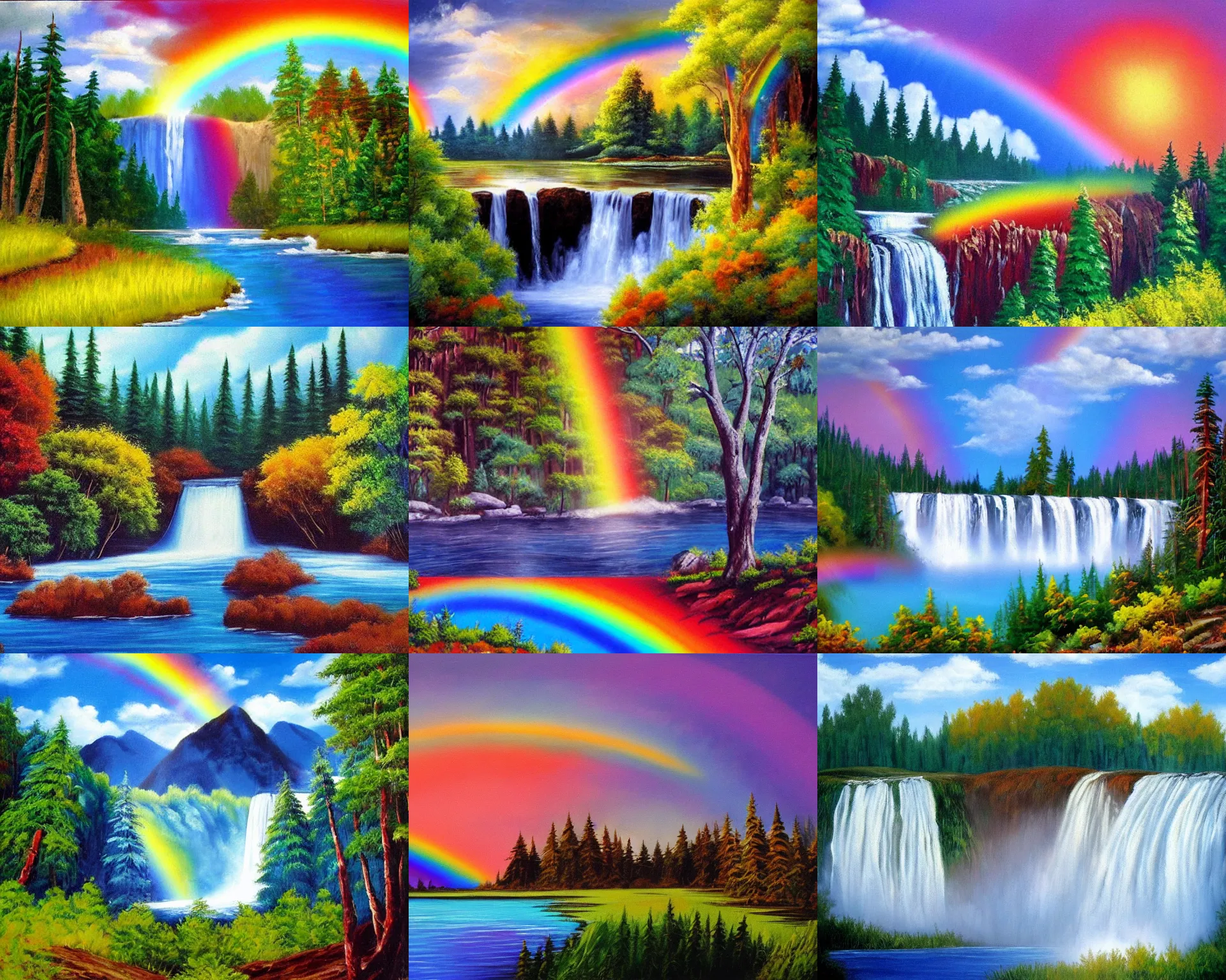 Prompt: waterfalls, wilderness, open sky, rainbow, painting by bob ross