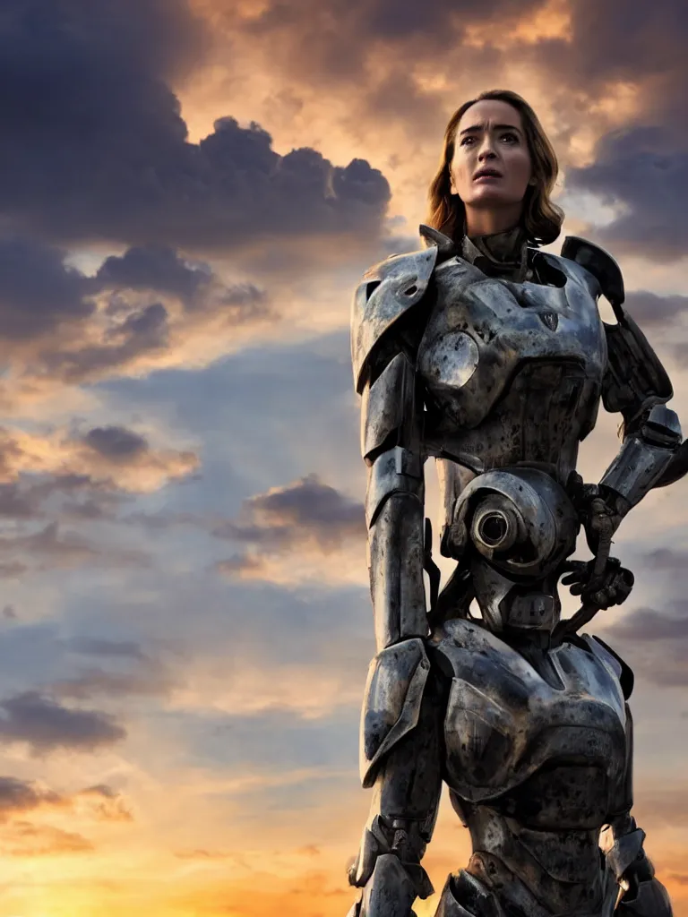 Prompt: a solitary figure standing atop a pile of rubble, emily blunt in futuristic power armor, close up portrait, resting a sword on her shoulder, sunset and huge cumulus clouds behind her