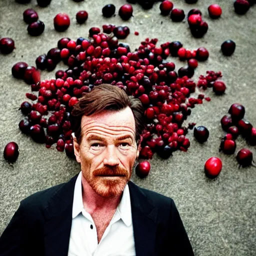 Image similar to bryan cranston's body is a bowl of cranberries with legs, long neck, body submerged in cranberries, natural light, sharp, detailed face, magazine, press, photo, steve mccurry, david lazar, canon, nikon, focus