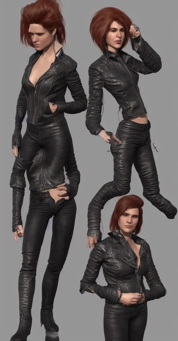 Image similar to a woman in a leather jacket posing for a picture, concept art by senior character artist, cgsociety, shock art, androgynous, daz3d, full body