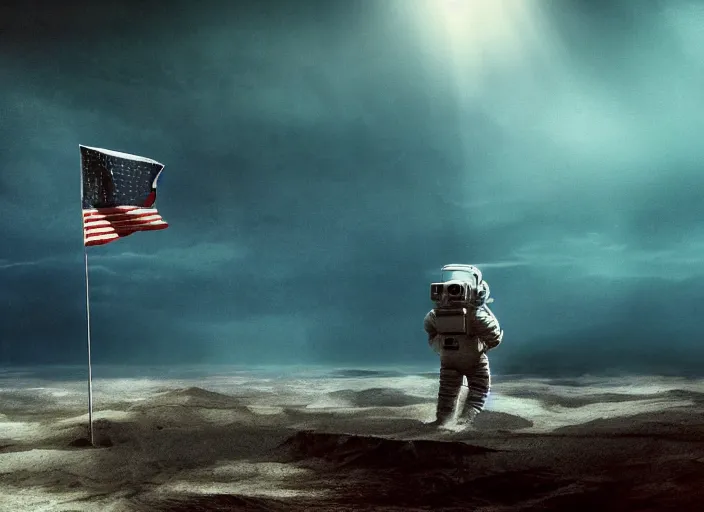 Image similar to astronaut holding a flag in an underwater desert. a submarine is visible in the distance. dark, concept art, cinematic, dramatic, atmospheric, 8 k, trending on artstation, blue, fish, low visibility, fog, ocean floor, christopher nolan, interstellar