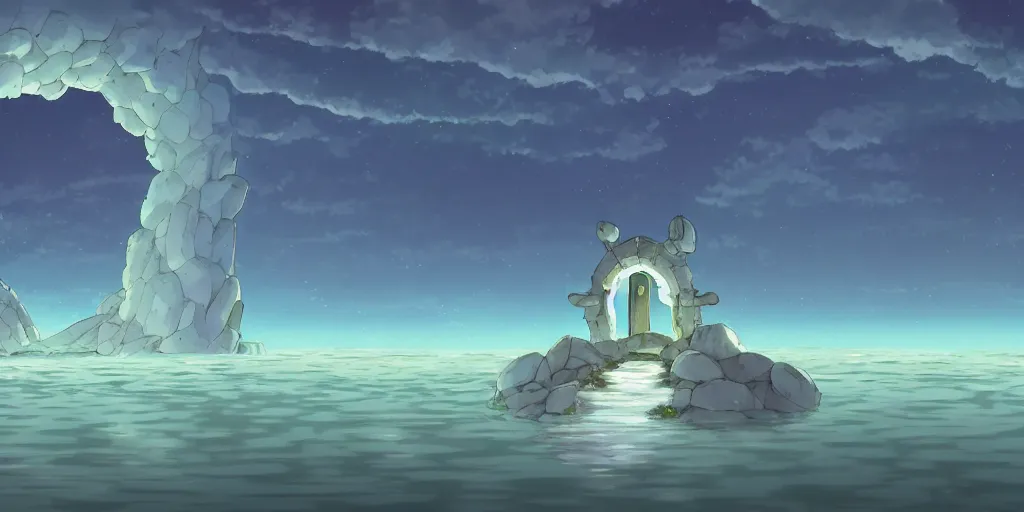 Image similar to a cell - shaded studio ghibli concept art study of a portal in the air over a flooded desert on a misty starry night. a waterfall is flowing out of the portal. very dull colors, hd, 4 k, hq