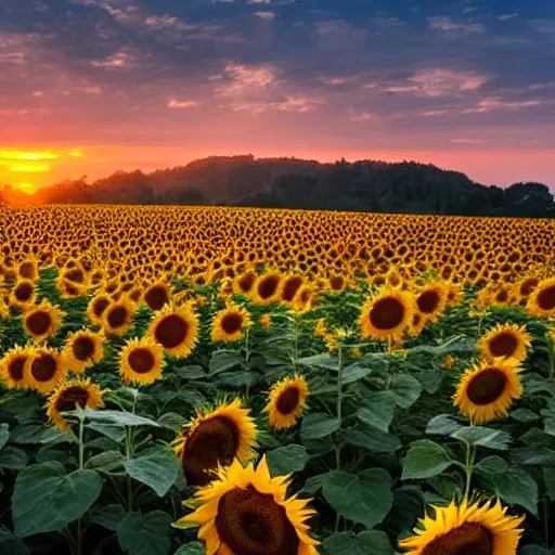 Prompt: sunflower fields at sunrise, cinematic view