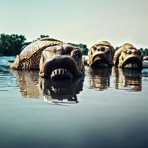 Prompt: man's face with clocks covering his eyes, looking at the camera walking near lake with crocodiles, high detail, soft lighting, intricate, 8 k