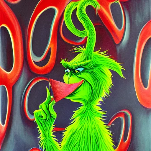 Image similar to the Grinch is Sauron, surrealist, contemporary painting