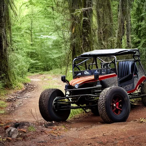 Image similar to off road buggy in the forest, driver is smilimg, artstatiom, 4 k, incredibly detailed