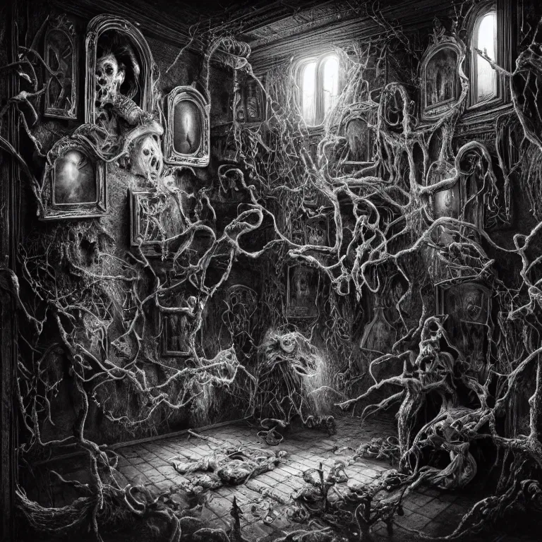 Prompt: New Year's Eve in a Haunted House, creepy, nightmare, dream-like heavy atmosphere, surreal , beautiful detailed intricate insanely detailed octane render trending on Artstation, 8K artistic photography, photorealistic, chiaroscuro, MC Escher, Basil Gogos, Gustave Dore, Beksinski, Rudolph Belarski, Laurie Lipton, Charles Addams