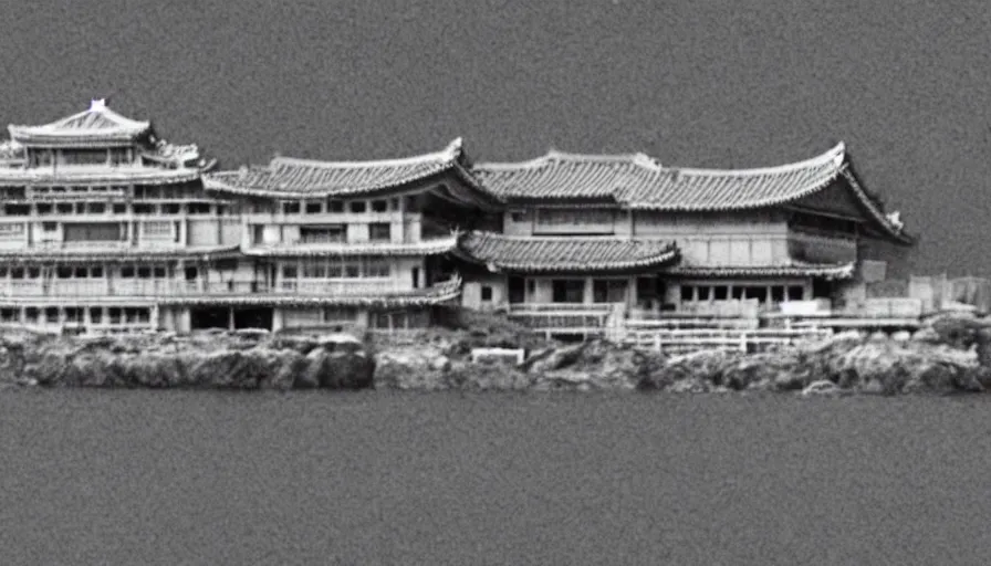 Prompt: a film still of a north korean monster movie, kaiju - eiga monster starfish - like over traditional korean palace split in half, film noir, video compression, ripple effect