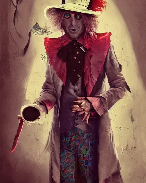 Image similar to tom petty as the mad hatter, contrast, kim jung gi, greg rutkowski, zabrocki, karlkka, jayison devadas, trending on artstation, 8 k, ultra wide angle, zenith view, pincushion lens effect