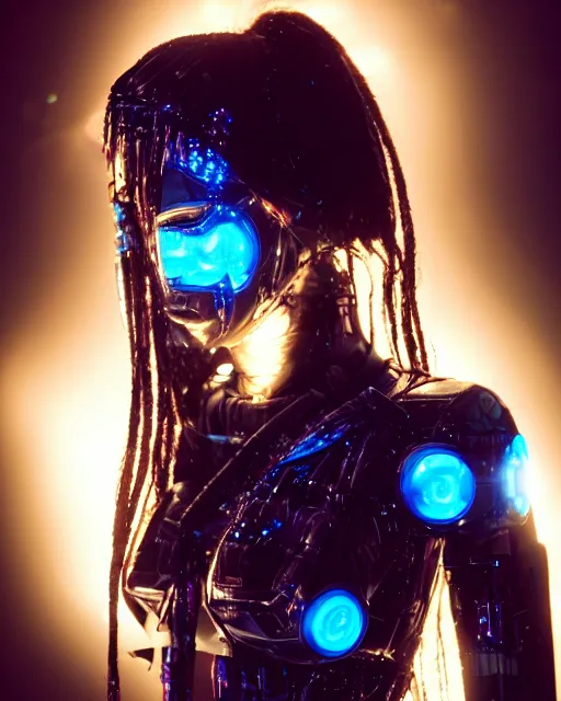 Prompt: photo of female dancer as a cyberpunk mecha humanoid robotic head shoulder parts with straight bright led lights, under heavy rain, wet skin with water dripping down face, ultra - realistic and detailed, 8 k