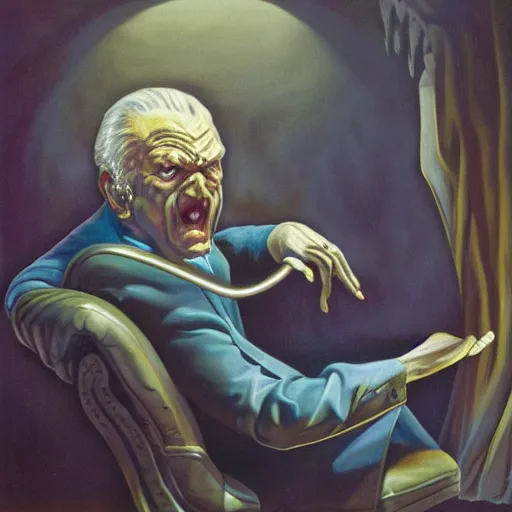 Prompt: closeup face, big eyes, angry old man in chair inside a dark house, surrealism, painting by boris vallejo and michael whelan