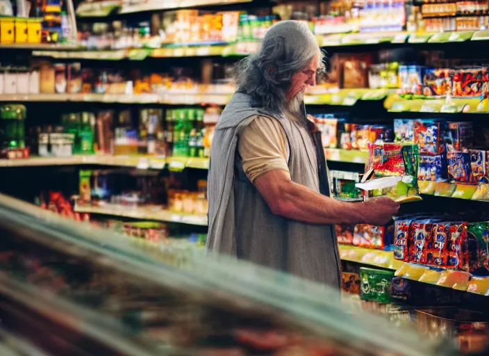 Prompt: photo of Gandalf stacking supermarket shelves, depressing, sad, 85mm f1.8