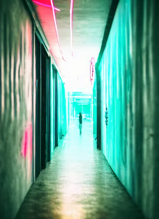 Prompt: a view of a spooky neon corridor, depth of field photo by yi insang, unsplash, video art, blur, wallpaper, cinematic view