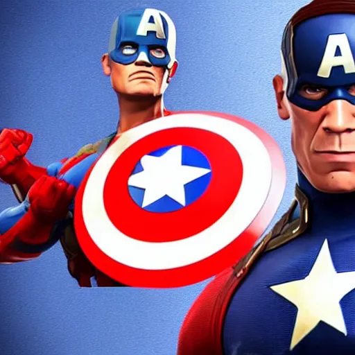 Image similar to John Cena wearing captain America's uniform, as a Fortnite character, cinematic, detailed