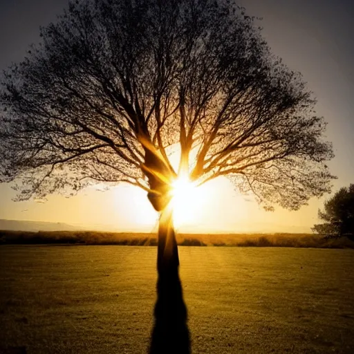 Prompt: a big old tree in front of the sun with a shadow on the ground in the shape of an octopus