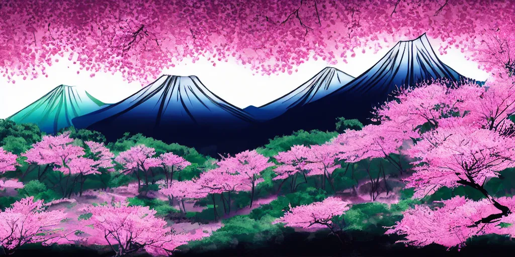 Prompt: japanese ink painting of a blooming cherry blossom forest with mountains in the background, white, pink, purple, black, highly detailed, vivid colors, cinematic lighting, 8 k, trending on artstation