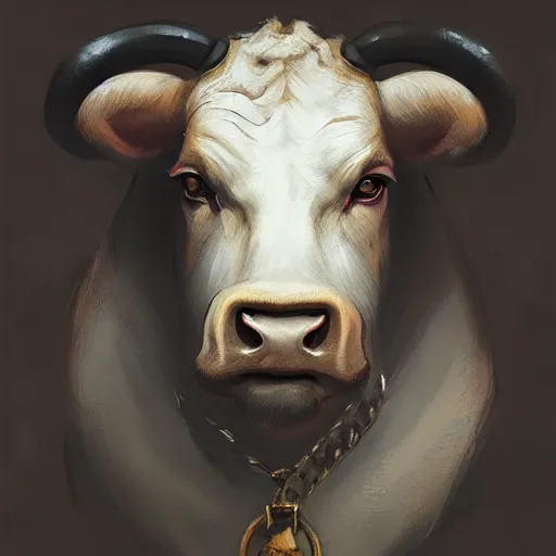 Prompt: portrait of a bull by greg rutkowski, he looks like ferdinand, he is about 2 years old, wearing golden chain in his chest, highly detailed portrait, digital painting, artstation, concept art, smooth, sharp foccus ilustration, artstation hq