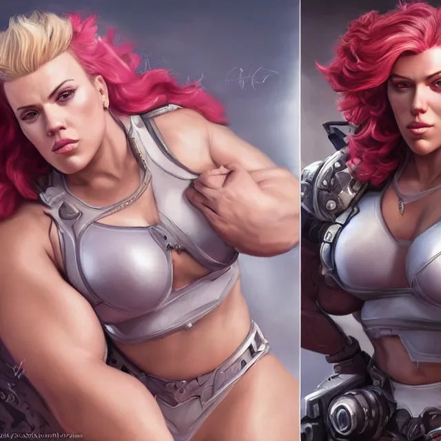 Prompt: detailed portrait of scarlett johansson as a thick female bodybuilder zarya from overwatch, attractive, beautiful, fantasy, intricate, elegant, highly detailed, digital painting, artstation, concept art, matte, sharp focus, illustration, art by aenaluck, artgerm and roberto ferri and greg rutkowski, epic fantasy, digital painting