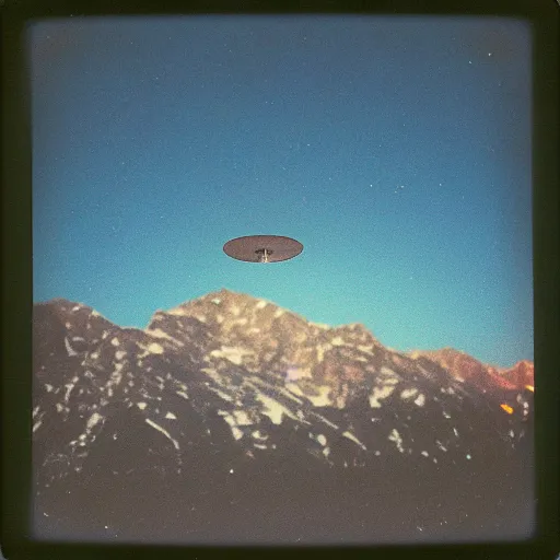 Image similar to a ufo flying over a distant mountain at night, blurry photo, historical photo, old polaroid, expired film,