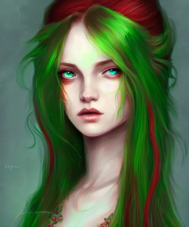 Image similar to Fae teenage girl, portrait, face, long red hair, green highlights, fantasy, intricate, elegant, highly detailed, digital painting, concept art, smooth, sharp focus