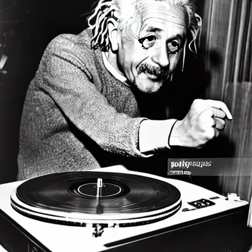 Prompt: color photograph of Albert Einstein DJing a record player at a nightclub, color photograph, color photograph