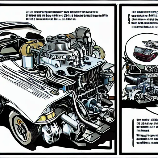 Prompt: car engine, car parts concept, card, comic page