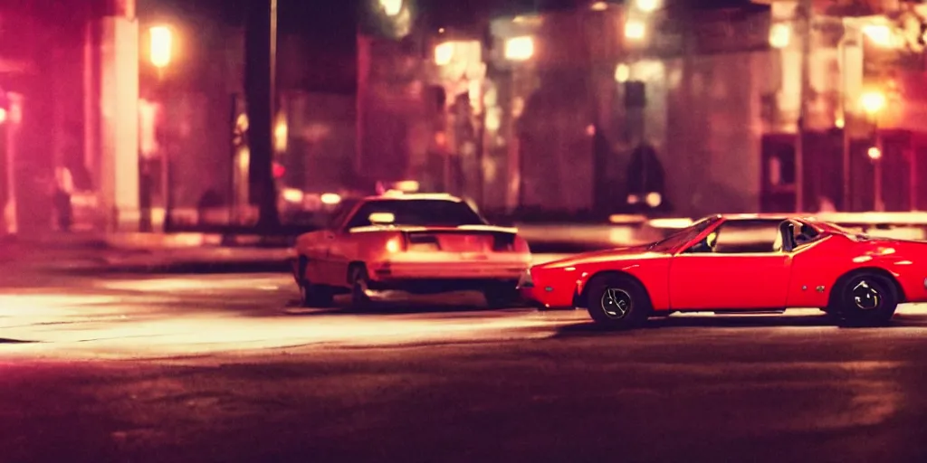 Image similar to 80s red sports car on deserted city street at night time, purple lighted street, wide angle, cinematic, retro-wave vibes, grainy, soft motion blur, VHS Screencap