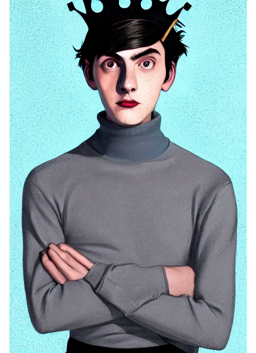 Image similar to portrait of teenage jughead jones wearing a light grey crown, crown, blue turtleneck, 1 9 5 0 s, closed eyes, photorealistic, black hair, glowing lighting, intricate, elegant, glowing lights, highly detailed, digital painting, artstation, concept art, smooth, sharp focus, illustration, art by wlop, mars ravelo and greg rutkowski