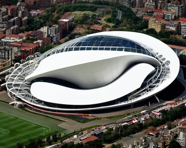 Prompt: a stadium designed collaboratively by zaha hadid and frank lloyd wright