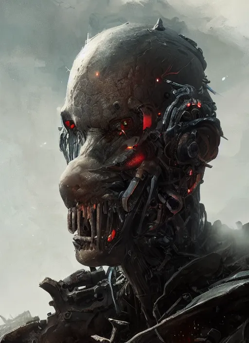 Image similar to A portrait of a monstrous half human half cyborg by Greg Rutkowski, Sung Choi, Mitchell Mohrhauser, Maciej Kuciara, Johnson Ting, Maxim Verehin, Peter Konig, Bloodborne , 8k photorealistic, cinematic lighting, HD, high details, dramatic, atmospheric , trending on artstation