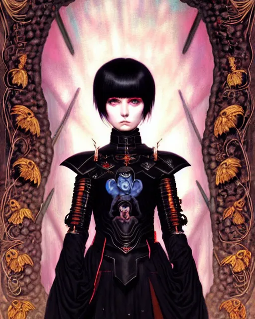 Prompt: portrait of beautiful cute young goth maiden with short white hairs in warhammer armor, art by ( ( ( kuvshinov ilya ) ) ) and wayne barlowe and gustav klimt and artgerm and wlop