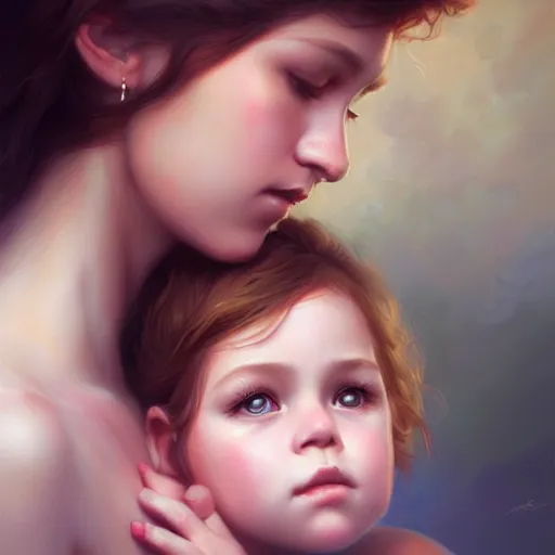 Image similar to love is patient love is kind, mother and child ; photorealistic oil painting by charlie bowater and mark blooms ; highly detailed cute faces by wlop ; trending on artstation