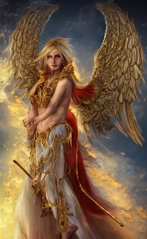 Image similar to hyper-realistic portrait of a beautiful! magical! woman with angel wings wearing a (((toga))) & gilded! ornate armor!!! female warrior | long blonde hair, sun-kissed skin, glowing red eyes | dynamic fighting pose, flying in the sky, wielding a fire lance | divine, heavenly, powerful, full body aura | intricate detail, highly detailed, symmetrical, digital painting, concept art, smooth, sharp focus, illustration, medieval fantasy, cinematic, dungeons and dragons | art by artgerm & mark brooks & Ed binkley