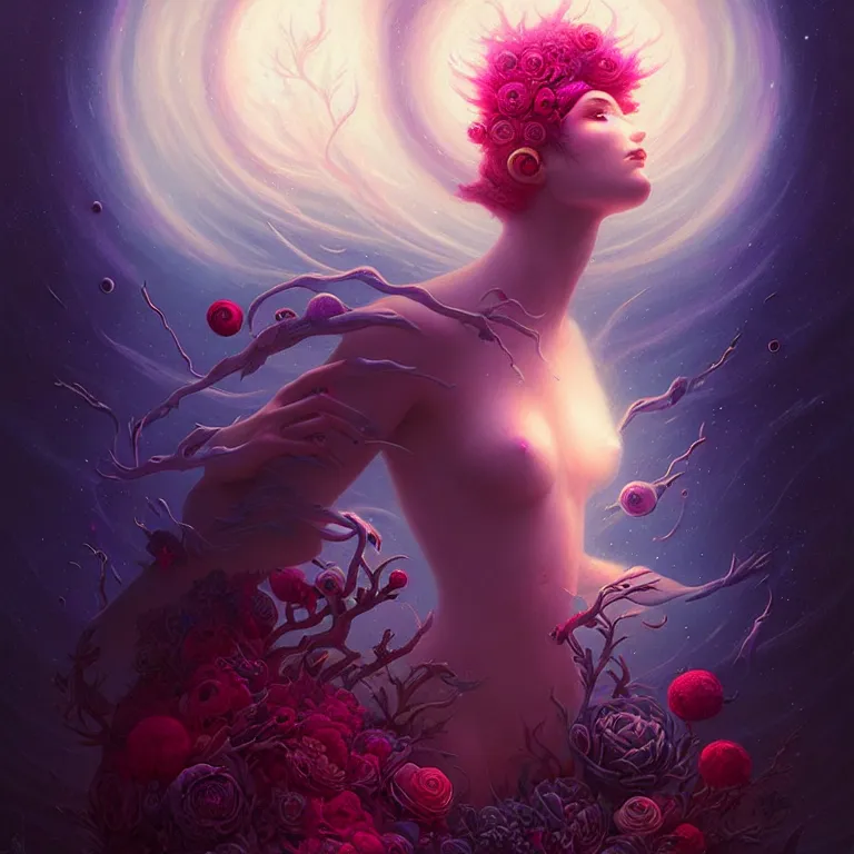 Image similar to skewed in the void of psychedelic, by by peter rohrabacher annatto finnstark. stunning luna goddess of flowers and edible plants, by charlie bowater tom bagshaw, detailed, space art. sparkling atom fractules of skulls and robots deep under the spine, fantasy, surrealist pop painting, and beeple and cgsociety