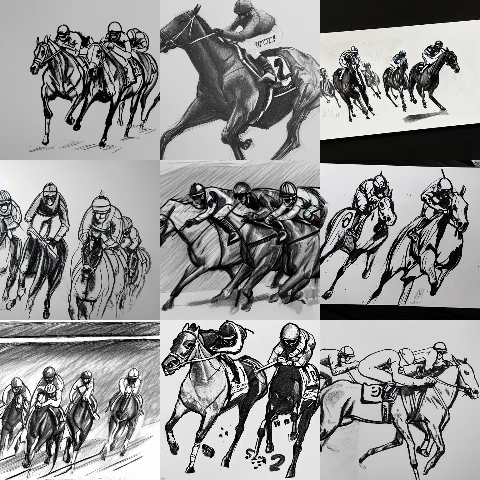 Prompt: horse racing sketch, video game, ink on paper