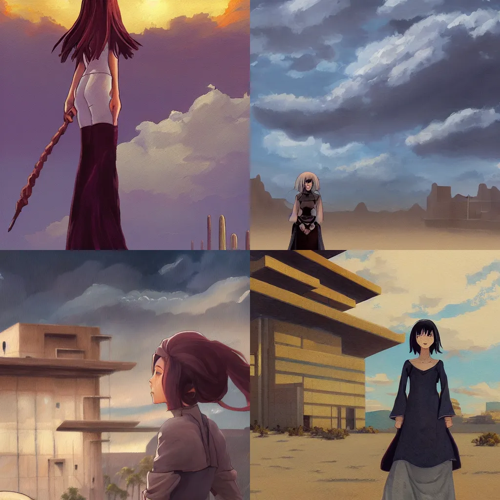 Prompt: A painting of a female mage in the desert with storm clouds and a brutalist architecture house in the background by makoto shinkai