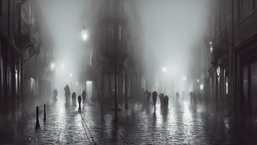 Image similar to many peoples on street of the old town with houses in the windows of which the light is on. early morning, fog on ground, wet street. mike barr painting. volumetric light, dull colors, dark, noir arthouse, 3 5 mm, hight detalied, hd, 4 k