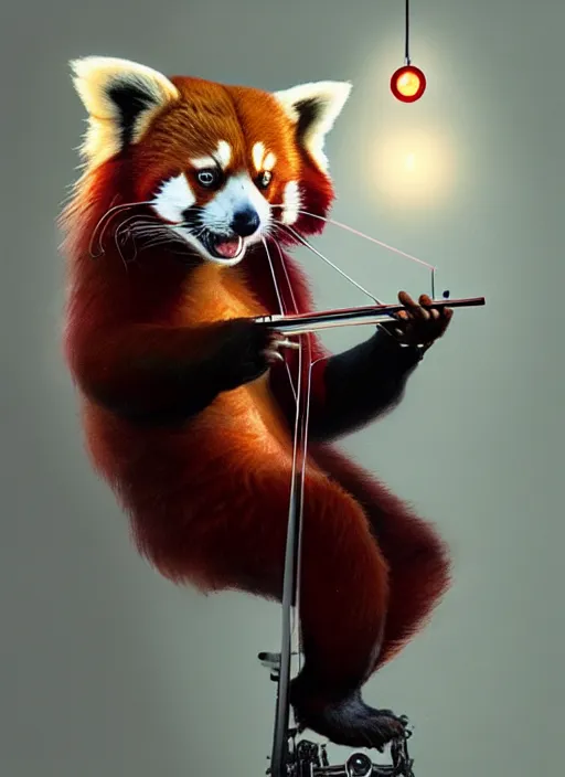 Prompt: portrait of a red panda riding a unicycle, playing a violin, intricate, elegant, glowing lights, highly detailed, digital painting, artstation, concept art, smooth, sharp focus, illustration, art by wlop, mars ravelo and greg rutkowski