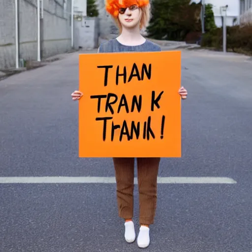 Image similar to a cute fluffly orange tabby cat holding a sign that says