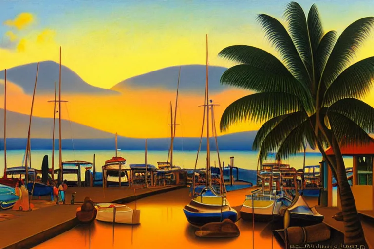 Prompt: Lahaina Maui harbor, sunset with palms, by Botero, oil painting